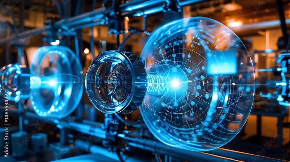 Fototapeta premium Futuristic Technology Machine With Blue Glowing Energy Beams In Photo