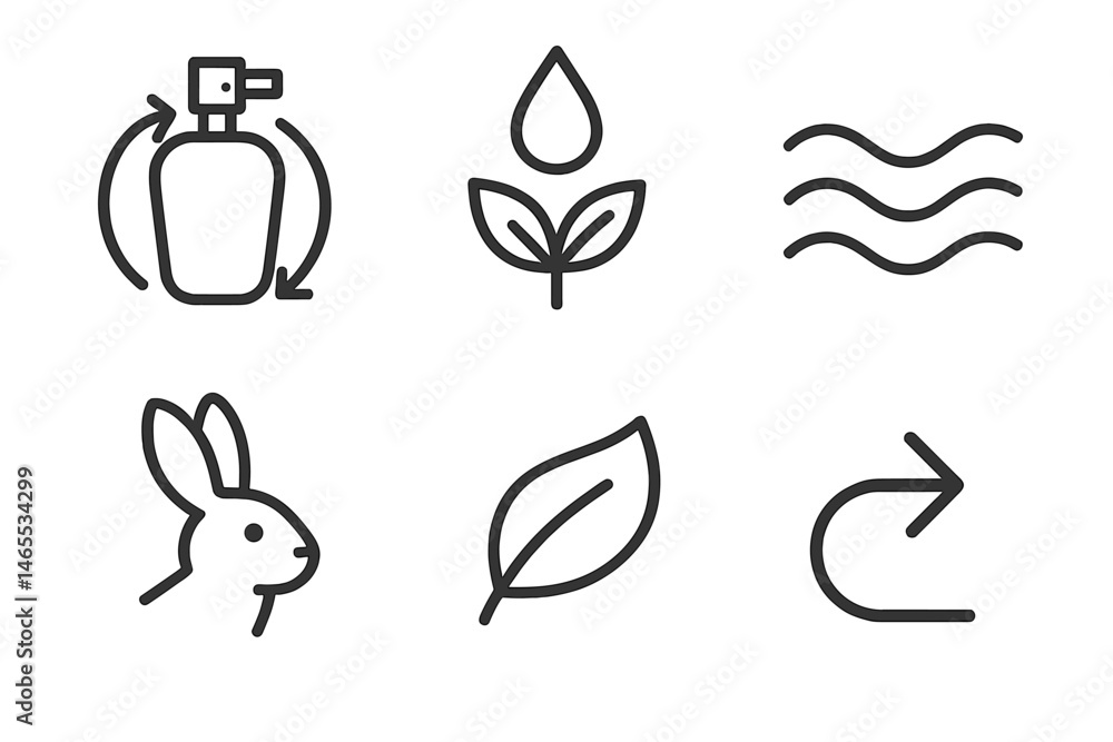 Obraz premium Fragrance‑eco icons showing sprayer, drop, wave, bunny, leaf, arrow