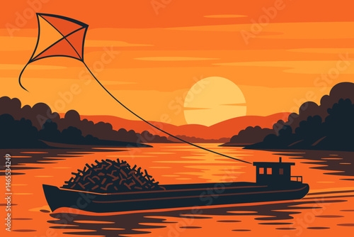 Flat clean‑shipping scene with kite wing, barge deck, and orange sky