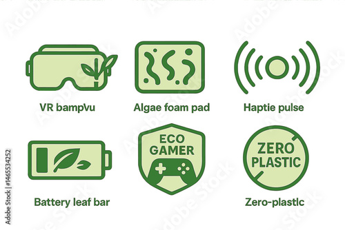 XR‑eco icons linking frame, pad, wave, bar, badge, seal