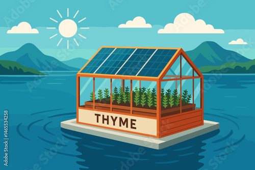 Flat ag‑tech scene with PV rafts, thyme rows, and crater rim