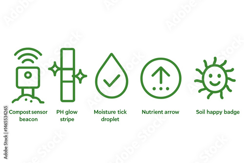 Soil‑smart icons linking beacon, stripe, droplet, arrow, badge, smile
