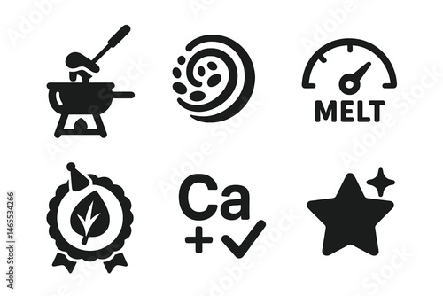 Fondue‑alt icons linking pot, swirl, needle, badge, tick, star