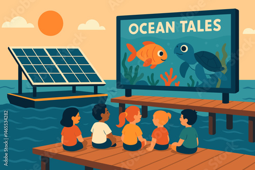 Flat eco‑culture scene with PV screen barge, kids, and gulls