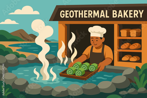 Flat food‑tech scene with green rolls, steam pools, and cliff sea