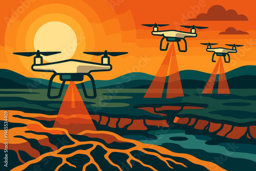 Flat climate‑tech scene with drones, IR grid, and glowing horizon