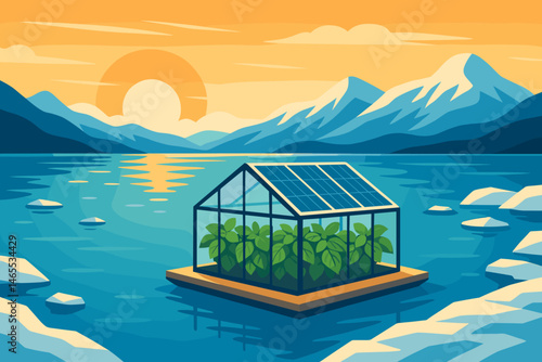 A flat ag-tech landscape includes PV pontoons, basil leaves, and a mount that is pink in color