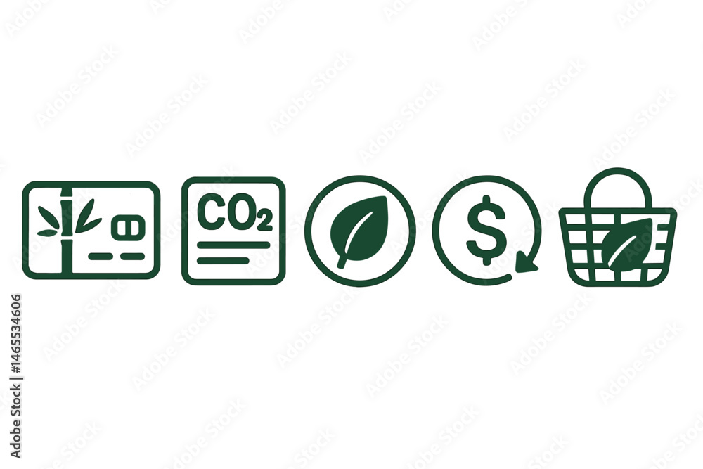 Icons representing financial and ecological concepts include a card, bar, badge, coin, and basket Icons representing financial and ecological concepts include a card, bar, badge, coin, and basket