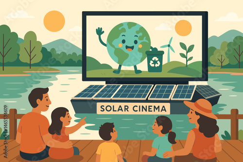 Flat culture‑green scene with PV screen barge, families, and evening glow