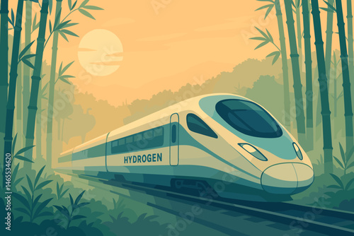 The scene features a flat landscape with a hydrogen train, tall bamboo, and a soft sunrise