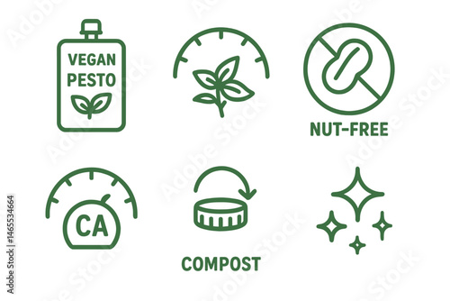 Pesto‑eco icons linking pouch, gauge, badge, dial, arrow, sparkle