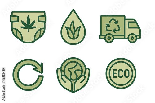Icons representing eco-friendly diapers are connected to symbols of a diaper, water droplet, truck, badge, strap, and coin