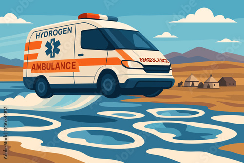 The scene depicts a flat area with emergency mobility features, including hover craft, thaw ponds, and a yurt camp