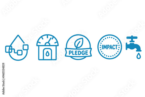 Icons representing water finance include a droplet, gauge, pledge leaf, coin, and tap