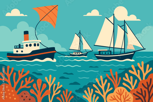 The scene depicts a flat and clean shipping area with a kite line, cargo sails, and a turquoise reef