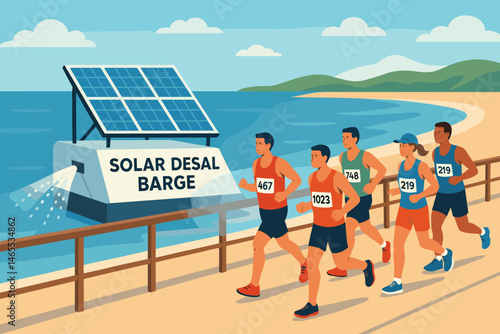 The sport-tech scene is flat and features a PV roof, mist fans, runners, and a sea breeze
