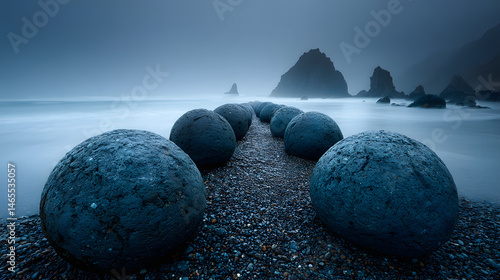 Dramatic Wide-Angle View of Perfectly Aligned Ancient Spherical Boulders on a Rocky Coastline with Sea Mist