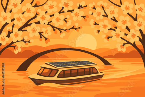 The scene is set with a flat clean mobility backdrop, complete with a PV canopy, orange petals, and warm water