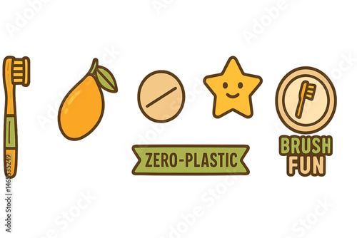 Icons for children's dental care include a brush, drop, pellet, star, ribbon, and badge