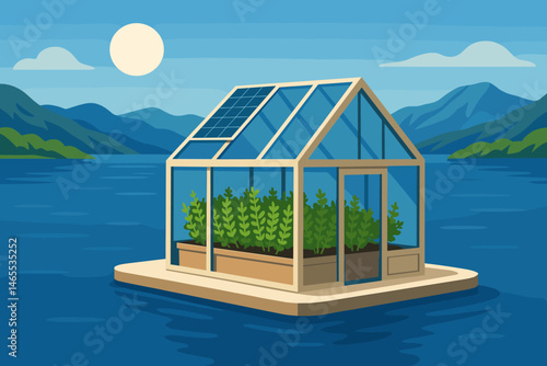 The scene features a flat agricultural technology setting with photovoltaic (PV) rafts, rows of thyme, and a crater rim