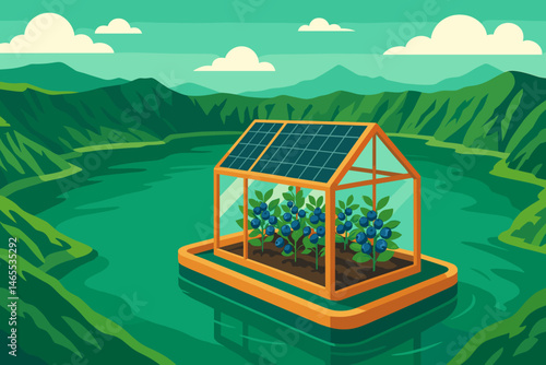 The scene features a flat agricultural technology setting with photovoltaic pontoons, blueberry bushes, and green cliffs