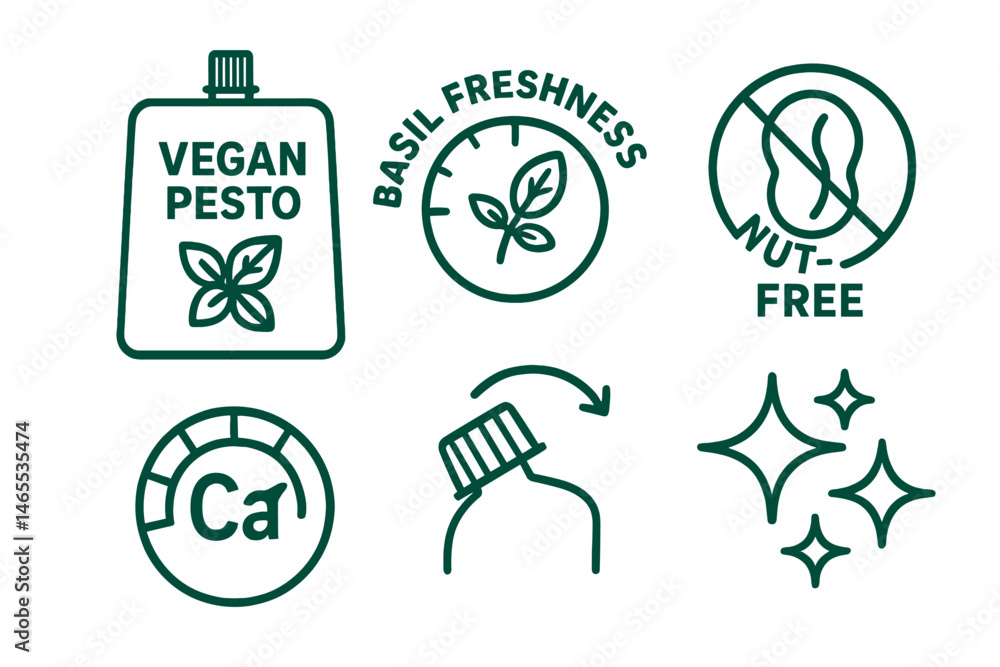 Fototapeta premium The icons that represent Pesto-eco include a pouch, gauge, badge, dial, arrow, and sparkle