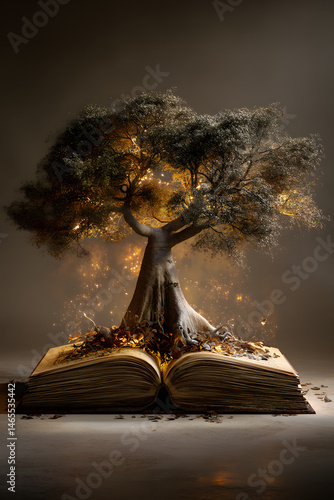 Magical Tree Emerging from an Open Ancient Book Surrounded by Glowing Particles in a Fantasy Concept