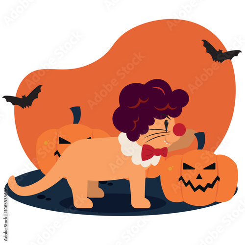 Cat clown costume pumpkins. Vector