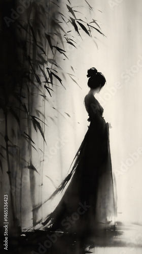 Traditional Chinese Ink Wash Painting of a Mysterious Woman in Flowing Robes Among Bamboo Shadows