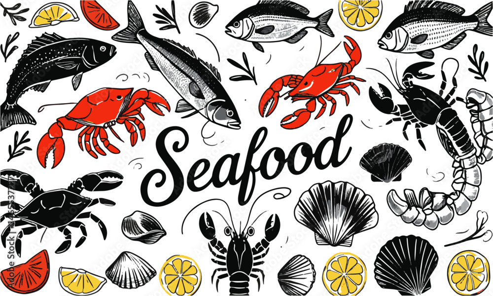 Obraz premium Modern hand-drawn vector illustration featuring a variety of seafood elements, easily scalable and editable.
