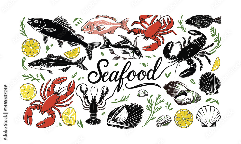 Obraz premium Modern hand-drawn vector illustration featuring a variety of seafood elements, easily scalable and editable.