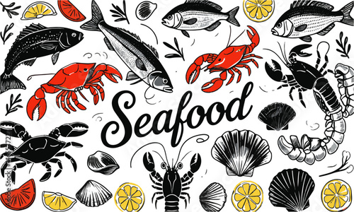Modern hand-drawn vector illustration featuring a variety of seafood elements, easily scalable and editable.