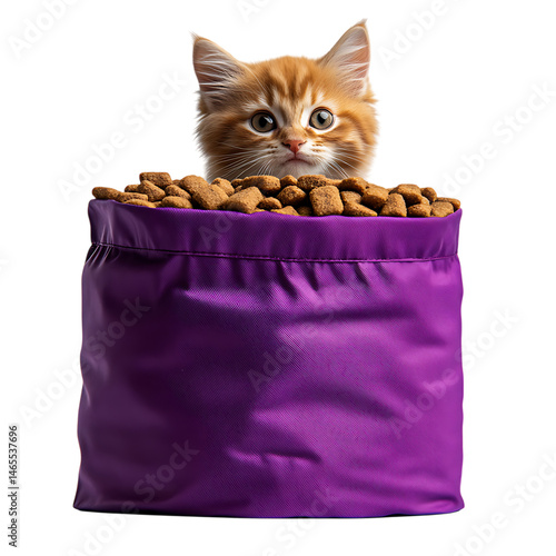A Cat in a Purple High-Protein Kitten Food Bag Isolated on Transparent Background