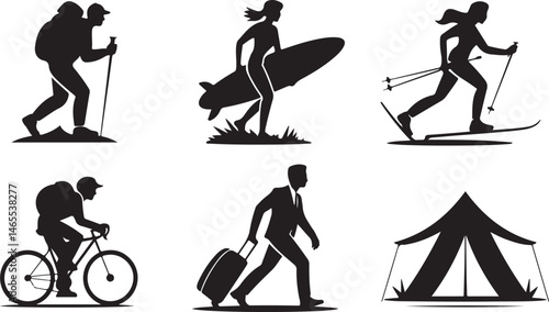 Silhouette collection depicting outdoor recreation and travel with hiking surfing skiing cycling and camping