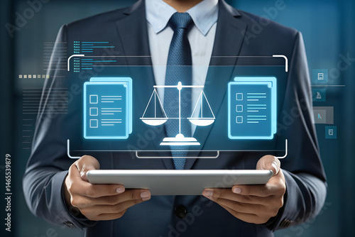 Legal tech lawyer using tablet for law firm digital document management system