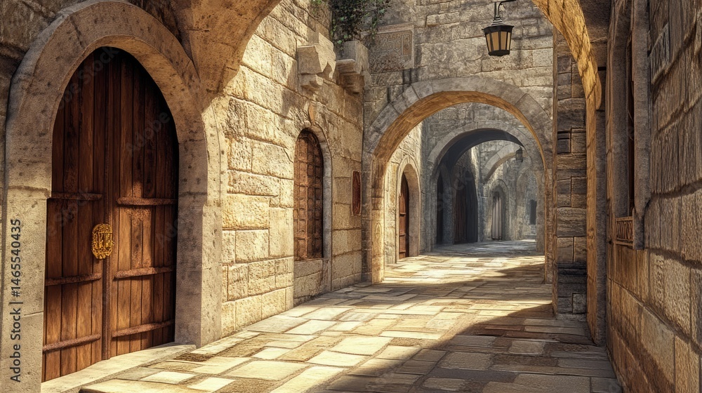 Sunlit Medieval Alleyway: Stone Architecture, Archways, and Wooden Door Sunlit Medieval Alleyway: Stone Architecture, Archways, and Wooden Door