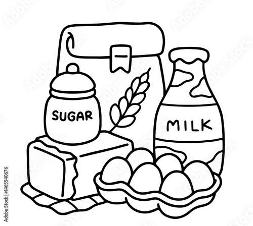 Food Ingredients with Eggs, Butter, Sugar Jar, Milk Bottle, and Wheat Flour Bag. Grocery Set, Baking Essentials, and Educational Activity About Nutrition and Food Preparation