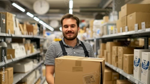 Happy man with appliance box in a store.