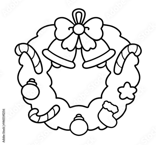Christmas Wreath Coloring Page with Bells and Holiday Decorations. Printable Black and White Illustration Featuring Two Jingle Bells with Bow, Candy Canes, Ornaments, Stocking, and Star-Shaped Cookie
