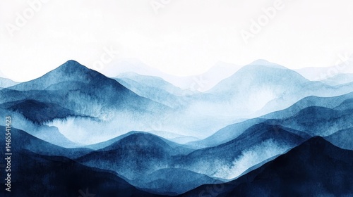 Misty mountain range in shades of blue.  Soft, painted peaks and valleys create a serene, tranquil landscape