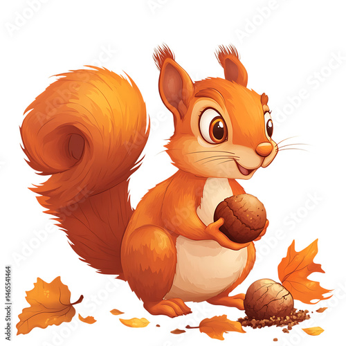 A Cartoon Squirrel Eating an Acorn Isolated on Transparent Background