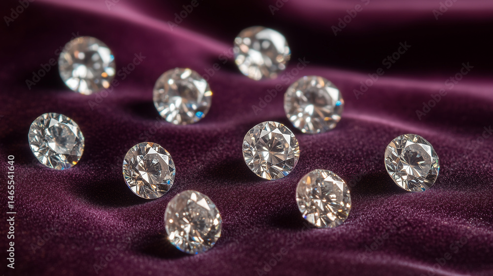Detailed view of loose round diamonds scattered on a velvet surface. Detailed view of loose round diamonds scattered on a velvet surface.