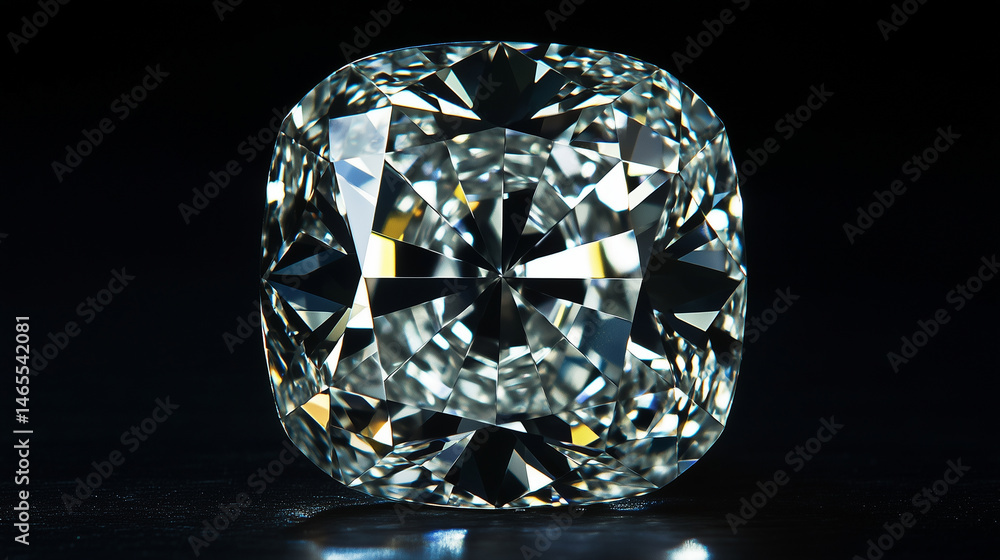 Macro shot of a cushion-cut diamond with sharp, faceted edges.