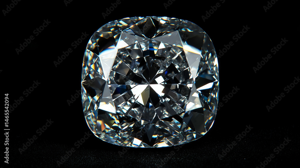 Macro shot of a cushion-cut diamond with sharp, faceted edges.
