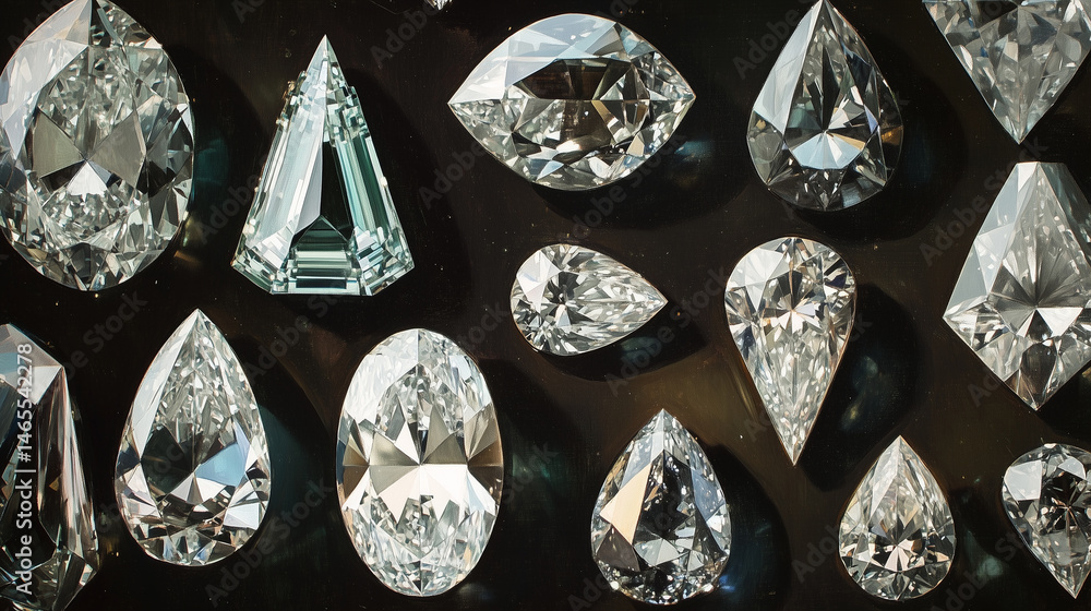 Detailed view of multiple diamond shapes: emerald, oval, marquise, pear.
