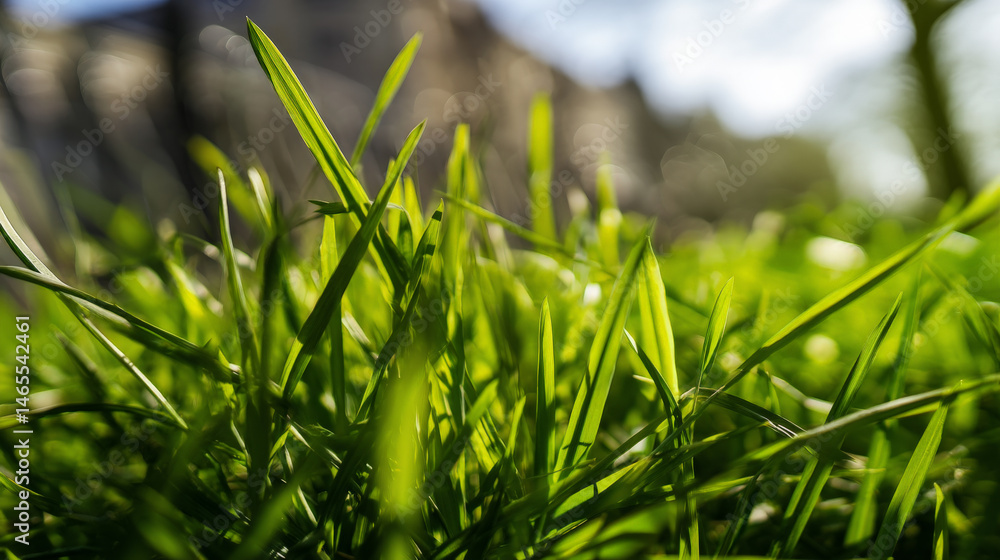 Obraz premium A close-up photo of vibrant green grass blades captured from a low angle on a sunny day. Generative AI