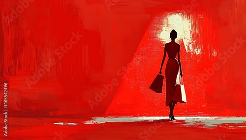 Red dress woman, shopping bags, walking away