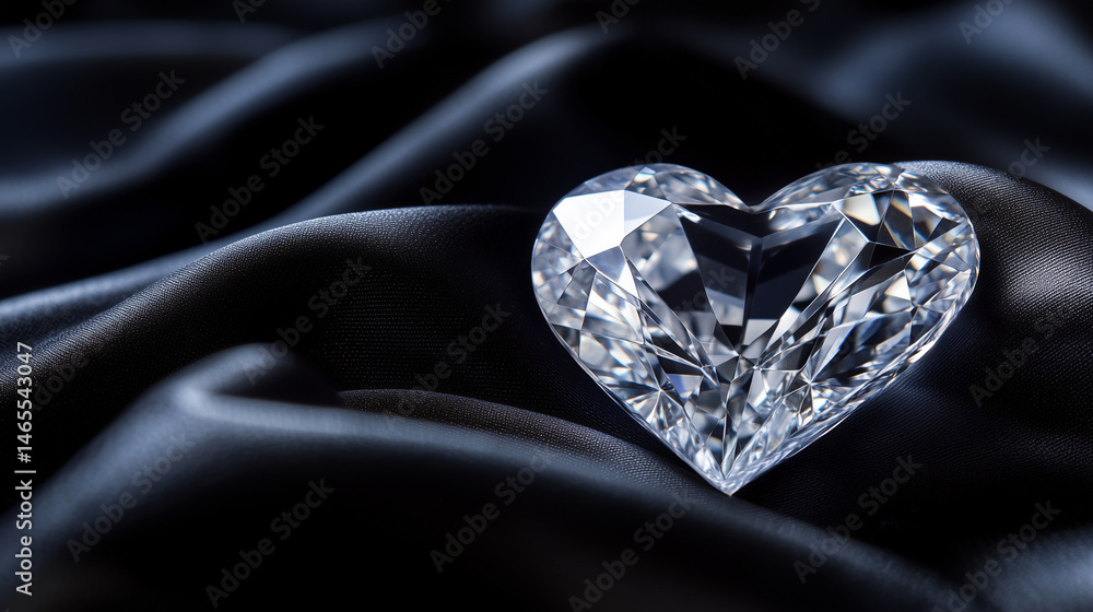 Detailed view of a heart-shaped diamond glinting against black silk.