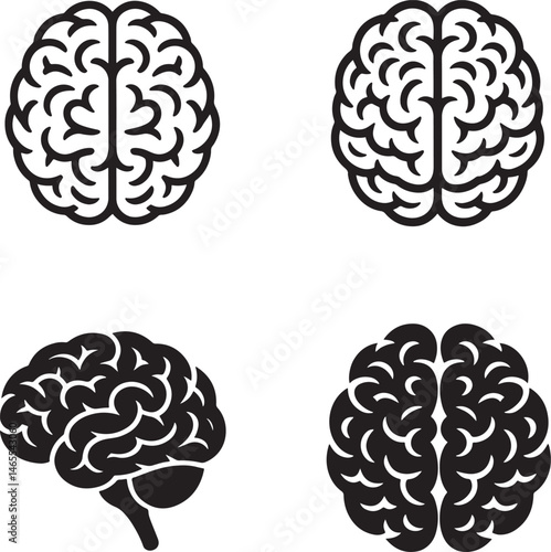 Human Brain silhouette & Outline set vector illustration isolated On Transparent Background
