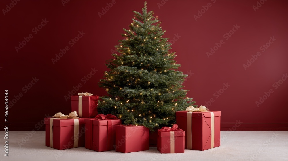 Frontal holiday display features a tall evergreen tree glowing with golden lights, surrounded by festive red gift boxes against a rich crimson backdrop Frontal holiday display features a tall evergreen tree glowing with golden lights, surrounded by festive red gift boxes against a rich crimson backdrop